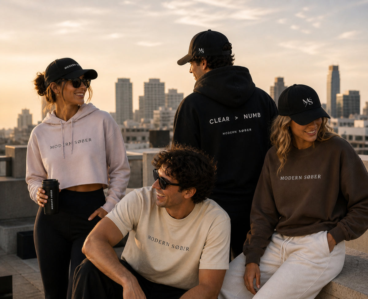 Modern Søber founders on a rooftop overlooking the city